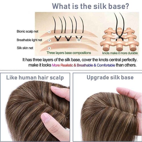 SEGO Clip in Hair Topper for Women, No Bangs Remy Human Hair Toppers, Silk Base Top Wiglet Hairpieces for Hair Loss Thinning Cover Grey 4 Clips