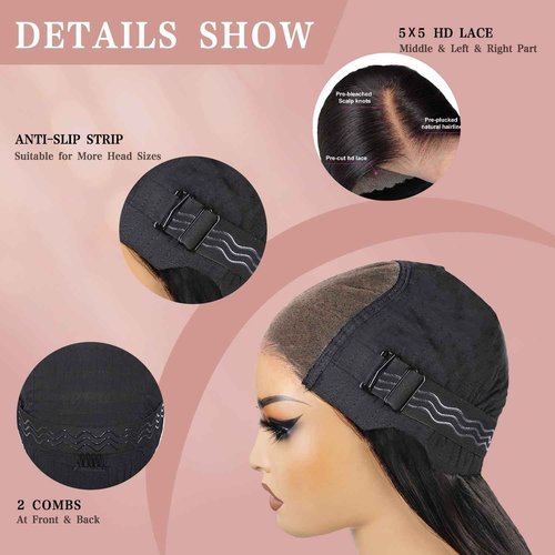 DSMOW 24 Inch 5x5 HD Lace Closure Wigs Human Hair Wear and Go Glueless Wigs Human Hair Pre Plucked Pre Cut for Beginners Body Wave Lace Front Wigs for Women 180% Density Natural Black