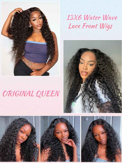 ORIGINAL QUEEN 13x6 Water Wave Lace Front Wigs Human Hair Pre Plucked Pre Bleached Knots Deep Curly Human Hair Wigs for Women 13X6 Lace Frontal Wig 200% Density Natural Color 24Inch