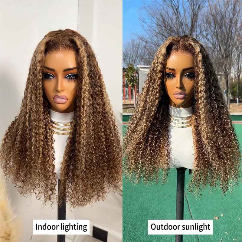 200 Density Honey Blonde Wig Human Hair 13x6 Deep Wave HD Transparent Lace Front Wigs Human Hair Pre Plucked 4/27 Highlight Ombre Jerry Curly Wet And Wavy 100% Human Hair Wigs For Black Women 28 inch