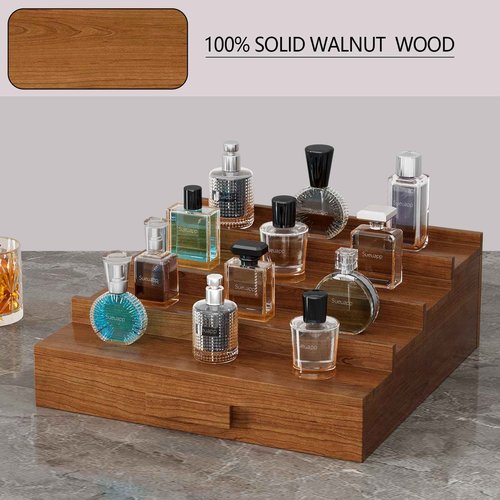Sueuapp Cologne Organizer for Men,4 Tier Walnut Wood Cologne Stand,Cologne Shelf Display Holder with Hidden Storage and Drawer,Perfume Stand Organizer Great Gift for Men,Walnut