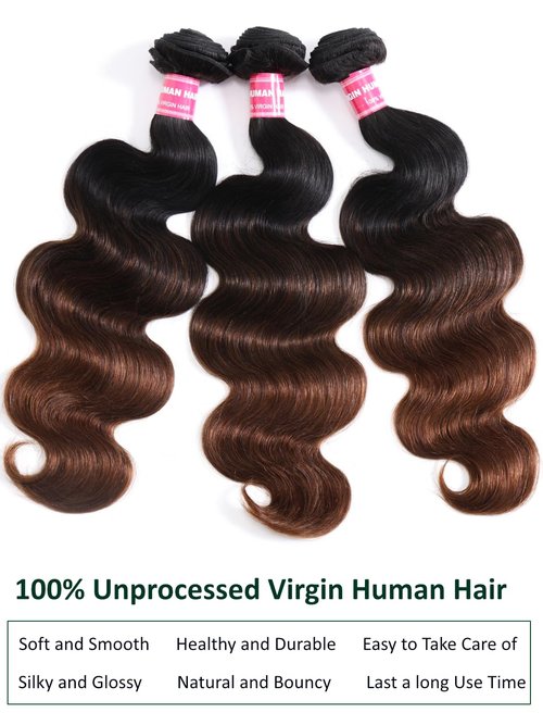 KLAIYI Ombre Brown Body Wave Bundles Human Hair Extensions with Dark Roots 100% Unprocessed Brazilian Real Virgin Hair Weaves Chestnut Brown Double Wefts 12A Wavy One Bundle 20Inch Sew in Piano Color
