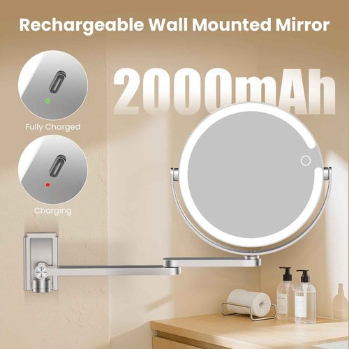 FRANO Wall Mounted Makeup Mirror with Lights, 8-inch 20X/1X Magnifying Mirror, Rechargeable LED Vanity Mirror with 3 Color Lights, 360° Swivel & Extendable Arm