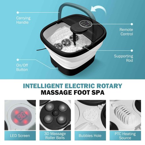 KNQZE Collapsible Foot Spa Electric Foot Bath with Heat, Bubble, Remote, 24 Motorized Shiatsu Massage Balls. Pedicure Soaking tub for Feet Stress Relax (Black)