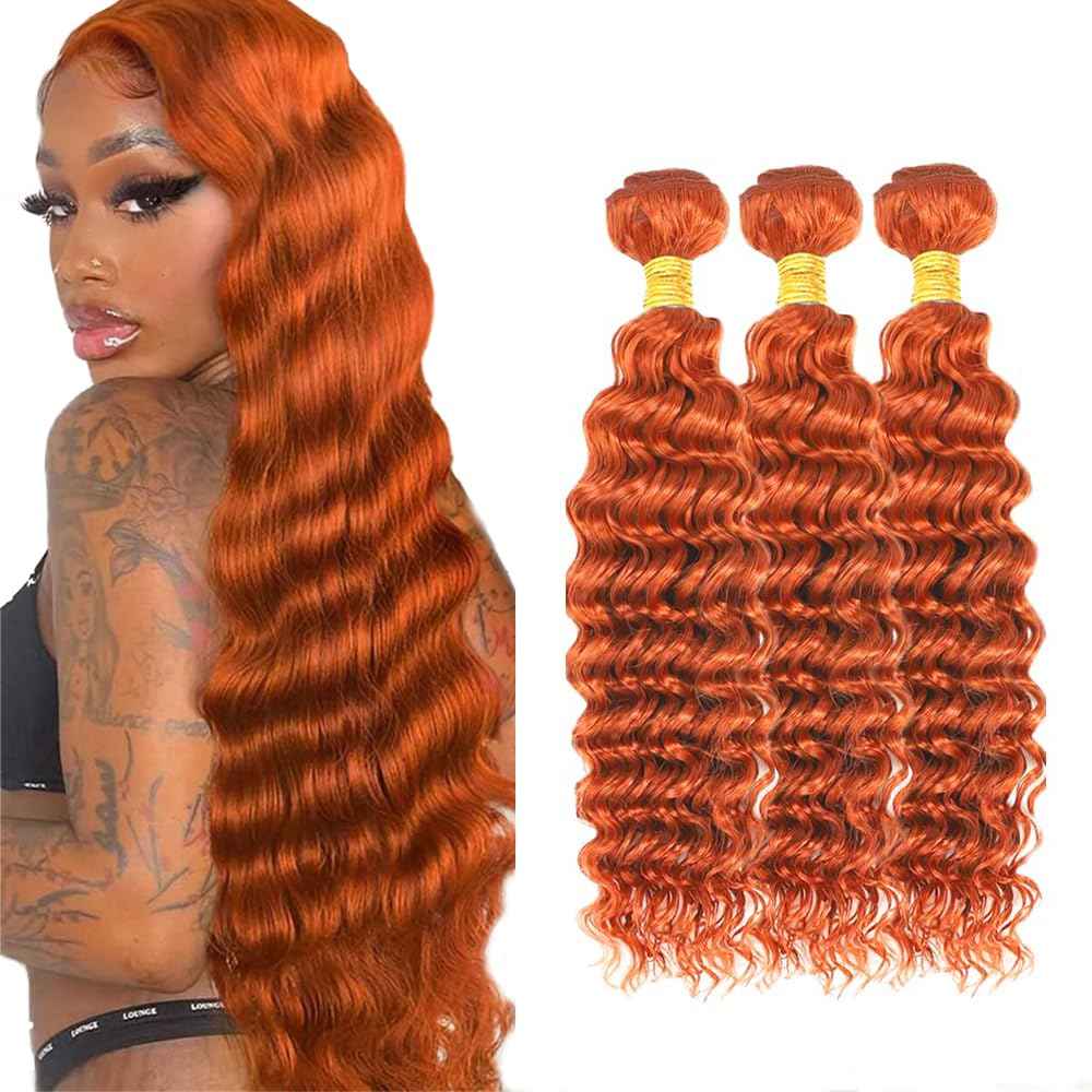 #350 Orange Bundles Human Hair Deep Wave Bundles 18 20 22 Inch 3 Bundle Unprocessed Brazilian Virgin Hair Orange Deep Wave Human Hair Extensions 50 Gram Per Bundle