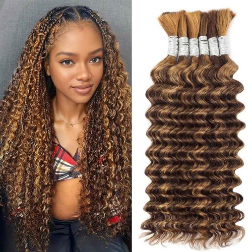 Ombre Braiding Hair Human Braiding Hair for Boho Braids Human Hair 20 Inch 6 Bundles/Pack 150g Deep Wave Bulk Human Hair for Braiding Curly Knotless 12A Brazilian Virgin Ombre Balayage 4/27