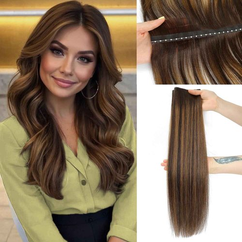 OVO Double PU Weft Hair Extensions Human Hair Ombre Brown Highlight Seamless Invisible Weft,Beaded Flat Hair Extensions, Soft & Natural Real Human Hair Extensions