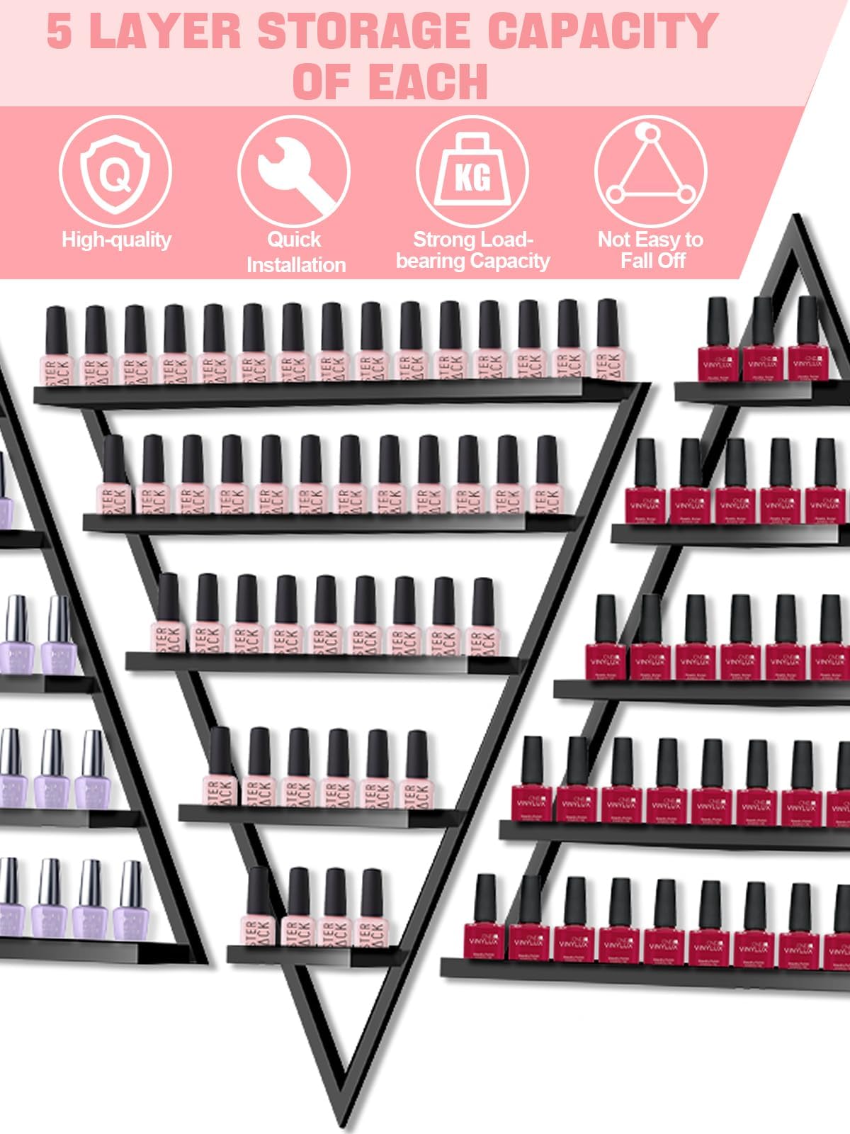 10PCS Metal Wall-mounted Nail Polish Storage Racks, Lorvain 5 Tiers Black Triangular Display Rack Cosmetic Display Case Lipstick Perfume Wall Shelf Essential Oil Organizer for Home Spa Nail Salon Shop