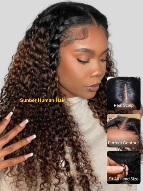 Sunber EasiContour V Part Human Hair Ombre Chestnut Brown Curly Glueless Wig Upgrade Vpart Wigs No Leave Out No Gel 180% Density V Shape Clip Wigs No Sew in Ready to Go Beginner Friendly 18Inch