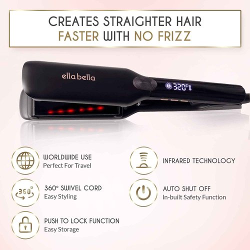 ELLA BELLA® Titanium Flat Iron Hair Straightener (with Infrared) • Professional Straightening Iron • Digital Display to Accurately Control Temperature • As Featured in Good Housekeeping