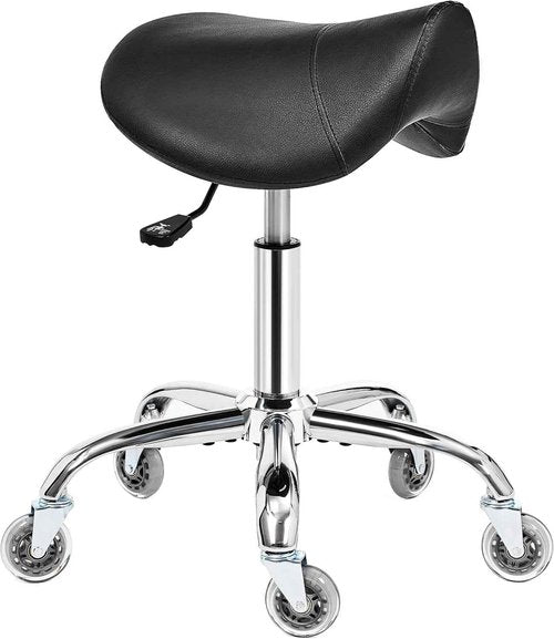 BEWISHOME Saddle Stool with Wheels, Swivel Adjustable Rolling Stool, 450lbs Heavy Duty PU Leather Wide Thick Seat Padding Ergonomic Chair for Beauty Salon Spa Clinic(Black) BMD01B