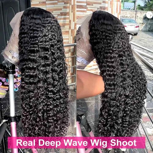 Pizazz Deep Wave Lace Front Wigs Human Hair Pre Plucked180 Density 13x4 HD Lace Frontal Human Hair Wigs with Baby Hair (16 Inch, Black color)