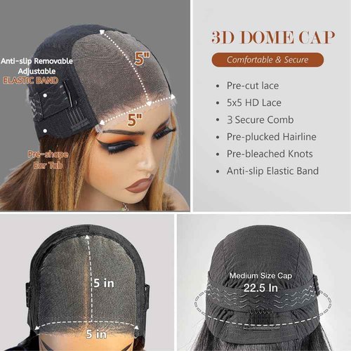 5x5 Lace Closure Bob Wig 14 Inch Ombre Honey Blonde Bob 4/27 Highlight Wear and Go Glueless Human Hair 200 Density Short Straight Bob Wigs No Glue Pre Plucked With Baby Hair Colored Wigs for Women