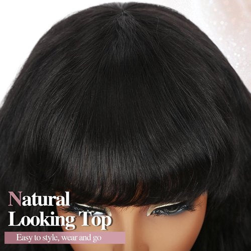 Fancy Hair Natural Wavy Human Hair Wig with Bangs NO Lace Glueless Body Wave Brazilian Virgin Hair Wigs with Bangs for Black Women Natural Black 16 Inch