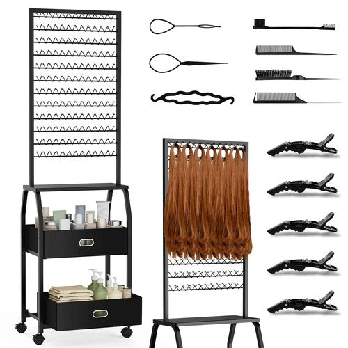 Portable Braiding Hair Rack with Wheels & Storage Drawers,2-Sided 288 Pegs,Hair Extension Holder Hanger for Braiding Hair Separator Stand Display,Hair Rack with Stylist Hair braiding Tools (Black)