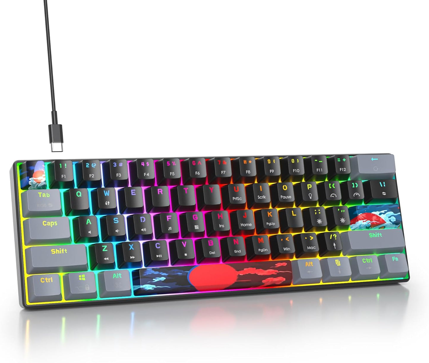 60 Percent Gaming Keyboard Mechanical with Linear Red Switch, 65% Wired Ultra-Compact Mini Keyboard Rainbow with PBT Keycaps for Ps4/Ps5/Xbox(68 Green)