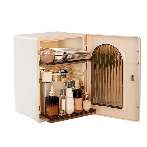 DASITON Large Capacity Makeup Organizer for Countertop, 3 Adjustable Layers Skincare Organizer, Dustproof & Waterproof Makeup Storage, Cosmetic Display Case for Vanity, Bathroom, Bedroom (Cream)