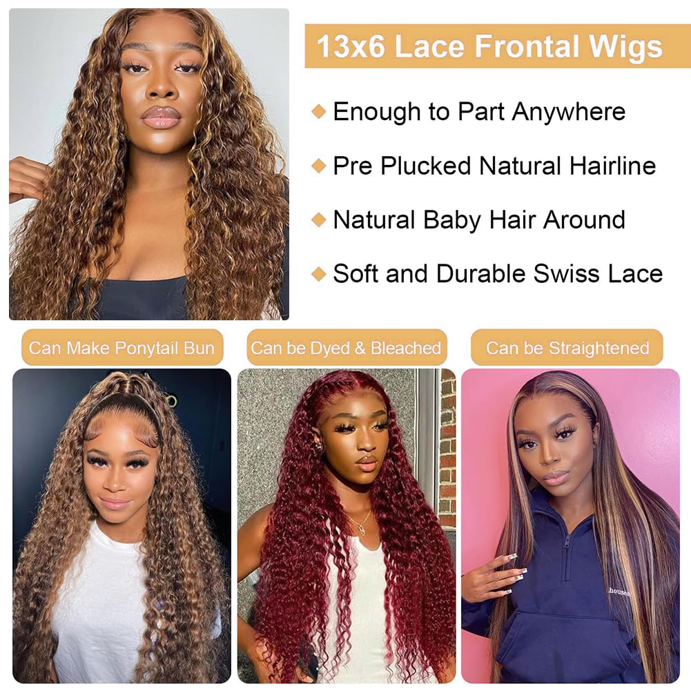 13x6 Highlight Lace Front Wig Ombre Deep Wave Lace Front Wig Pre Plucked With Baby Hair 180% Density Honey Blonde Curly Human Hair Glueless Wigs for Women (24 inch)