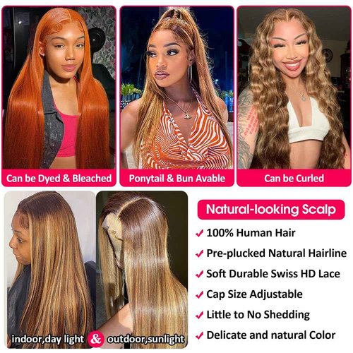 Flady Highlight Ombre Lace Front Wig Human Hair Pre Plucked Glueless HD Lace Frontal Wig 4/27 Straight Wigs Human Hair Ombre Brown Blonde Wig 150Density