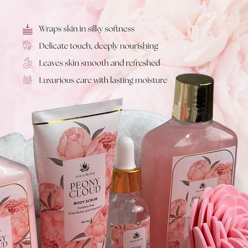 Spa Gift Basket for Women – Peony Cloud | 13-Piece Self Care Gift Set with Bubble Bath, Bath Bombs, Peony Diffuser, Lotion, Shower Gel, Bath Salt & More | Spa Gifts for Her, Birthday, Mother’s Day