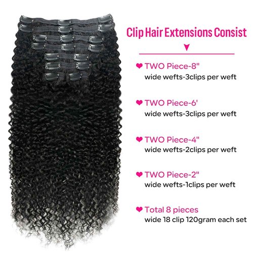 Curly Clip in Hair Extensions for Black Women Brazilian Virgin Human Hair Clip in Extensions 8Pcs Kinky Curly Clip ins Human Hair with 18Clips Double Lace Weft 120g 20nch Natural Black