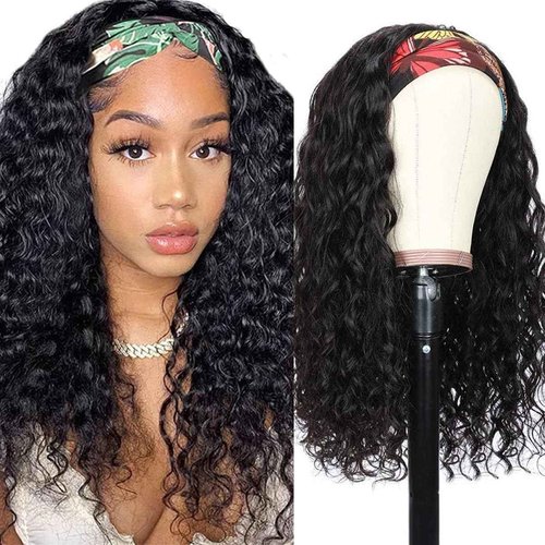 mmiQus Long Headband Wig Human Hair Water Wave Headband Wigs for Women Curly Wigs Glueless No Lace Front Wig Brazilian Virgin Human Hair 180% Density Natural Black 24 Inch