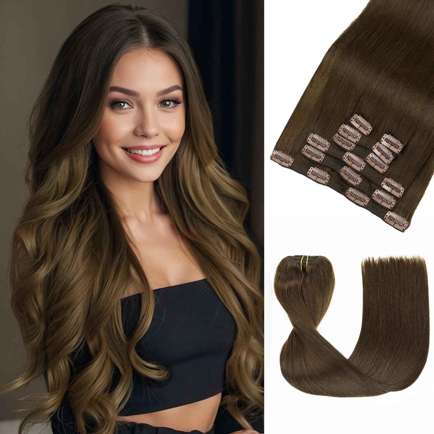 LOVELINE Clip in Hair Extensions Real Human Hair, 100% Remy Human Hair Extensions Clip Ins for Women, 7Pcs 22Inch 120g, Dark Brown