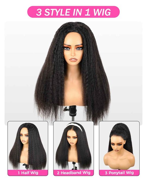 BLY Kinky Straight 3 in 1 Half Wig Human Hair for Women 180% Density Glueless Wear & Go No Lace Flip Over Half Wig Beginner Friendly Seamless Clip In Wigs 18 Inch
