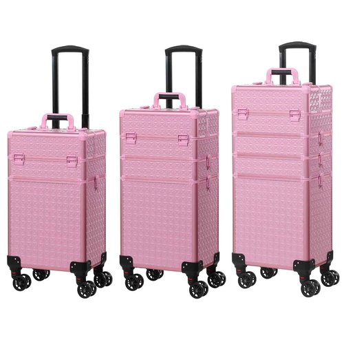 Rolling Train Case 4-in-1 Portable Makeup Train Case Professional Cosmetic Organizer Makeup Traveling case Trolley Cart Trunk (pink)