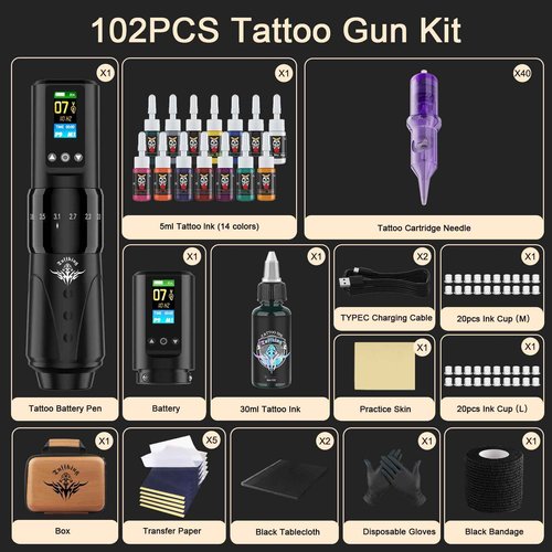 Wireless Tattoo Gun Machine Kit - Professional Rotary Tattoo Pen Set, Complete Beginners Tattoo Supplies with 2Pcs 1,600mAh Batteries, 40Pcs Cartridge Needles for Starter, Artists