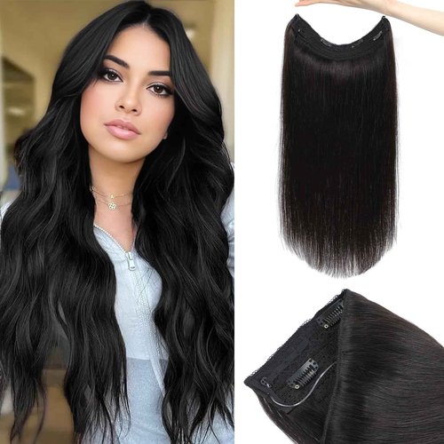 Doupor Wire Hair Extensions, Halo Hair Extensions Real Human Hair, Natural Black Invisible Wire Real Human Hair Extensions,Fish Line Layered For Women 22inch 100g