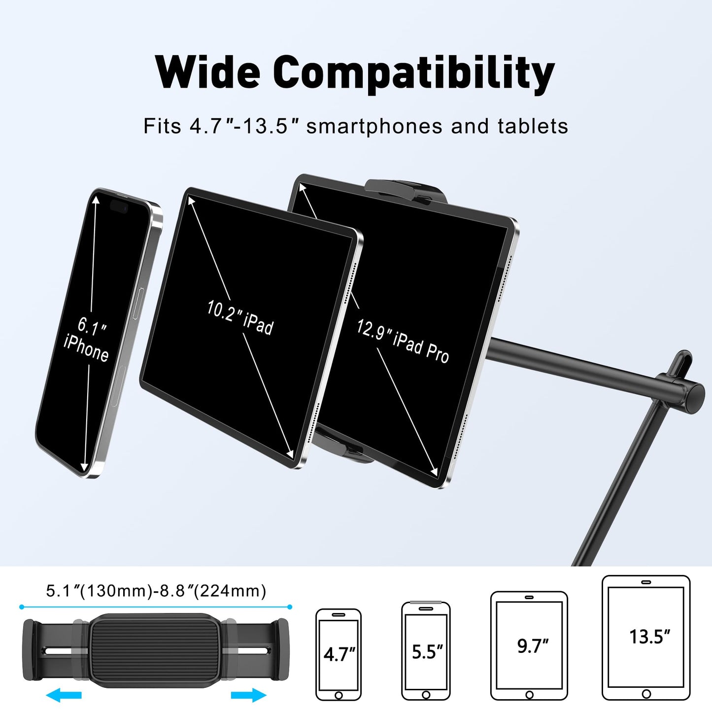 AboveTEK Tablet Stand Holder, Aluminum iPad Holder for Desk & Bed, Adjustable Arm Clamp Mount with 360° Rotation, Overhead Compatible with 4.7"-13.5" iPad Pro/Air/Mini, iPhone, Galaxy Tab- Black