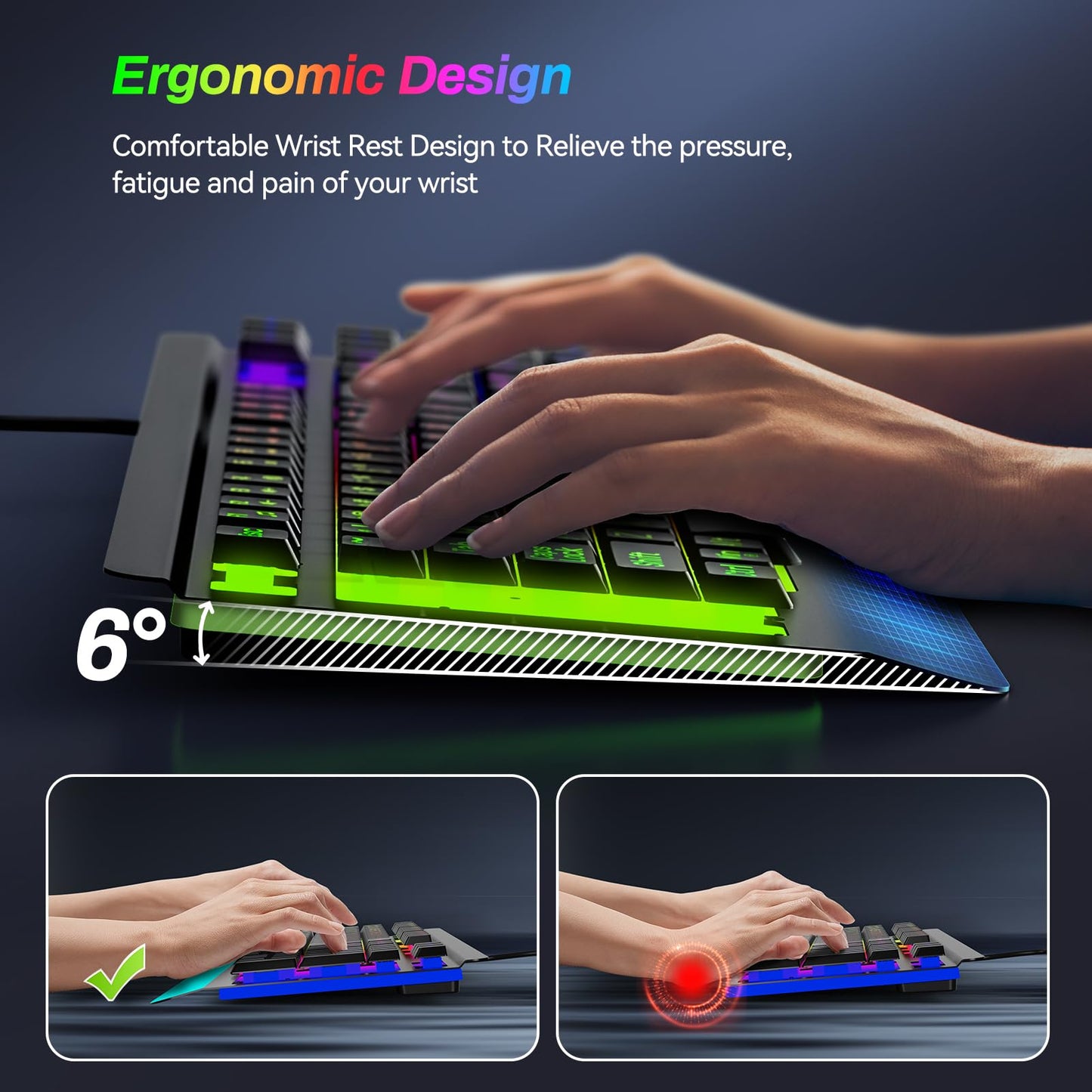 Acebaff Gaming Computer Keyboard with Large Print Keys, 104 Keys All-Metal Panel, Rainbow LED Backlit, Wrist Rest, Multimedia, Anti-Ghosting, Waterproof Light Up Wired Keyboard for PC Mac Gamer