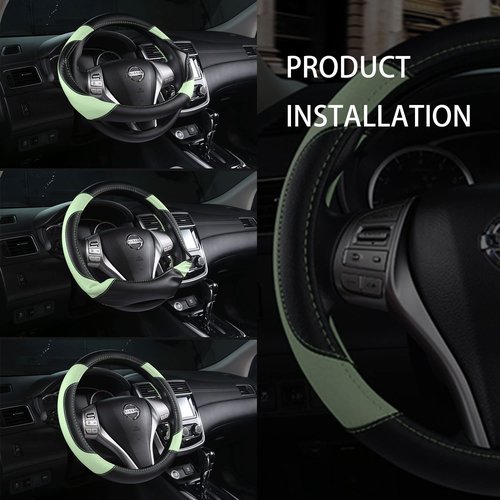 Leather Car Steering Wheel Cover, Non-Slip Car Wheel Cover Protector Breathable Microfiber Leather Universal Fit for Most Cars (Green)