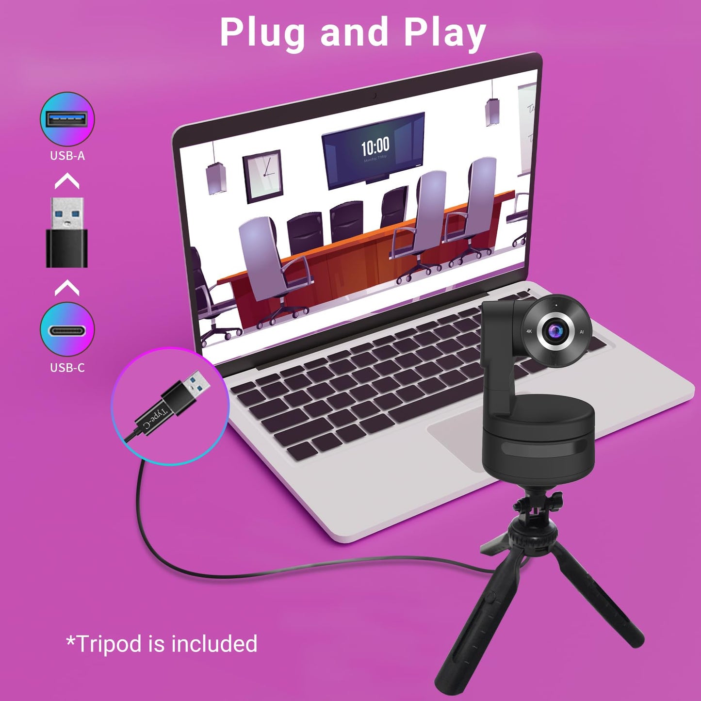 ADKIDO Tiny 4K PTZ Webcam HDR ½.8" Sensor Auto-Frame Gesture Control Built-in Pickup Support USB Audio and Video Output for Online Meetings, Online Chats, Online Classes, Live Streaming, etc.