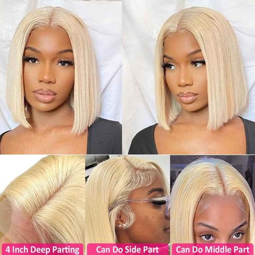 Hoscod Straight 613 Bob Wig Human Hair 13x4 HD Transparent Lace Front Wig Blonde Bob Wig Human Hair Pre Plucked with Baby Hairs Blonde Lace Frontal Wigs for Women 180 Density Short Wigs (14 Inch).