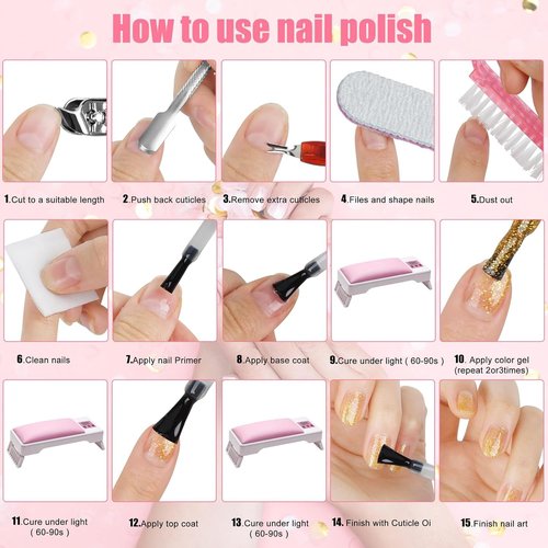 Gel Nail Polish Kit with UV Light LED Dryer Hand Pillow, 24 Colors, Base Top Coat, Nail Art Decorations, Home DIY Starter Manicure Kit