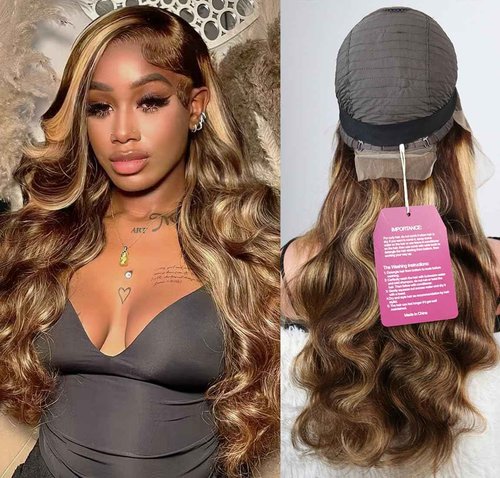 SWEETGIRL 26 Inch Highlight Ombre Lace Front Wig Human Hair 13x6 Lace Front Wigs Pre Plucked Body Wave Lace Frontal Wigs Colored Human Hair Wigs for Women 180% Density