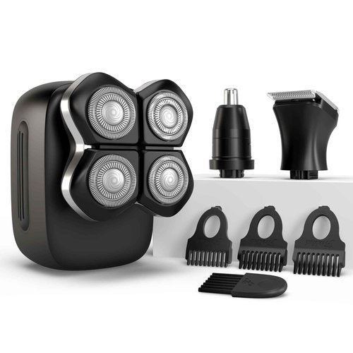 Freebird FlexSeries Pro Electric Head & Body Shaver - Mens Cordless Rechargeable Wet/Dry Skull Bald Head Back & Groin Waterproof Razor with Rotary Blades, Clippers, Nose Trimmer, Brush, Massager