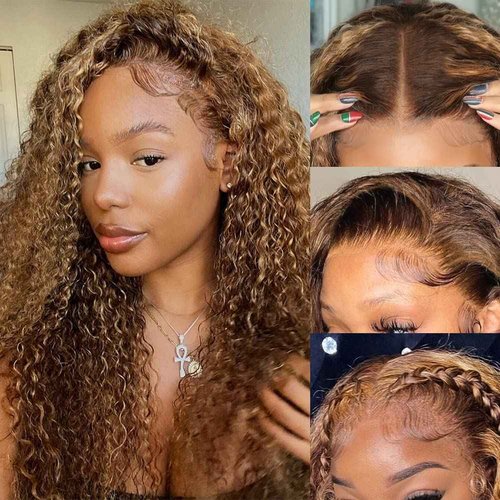 CYNOSURE Ombre Highlight HD Transparent Lace Front Wig Human Hair Pre Plucked 180% Density Flawless Hairline Curly Human Hair Wigs for Black Women 4/30 Honey Blonde Colored Wigs(16, 4/30highlight)