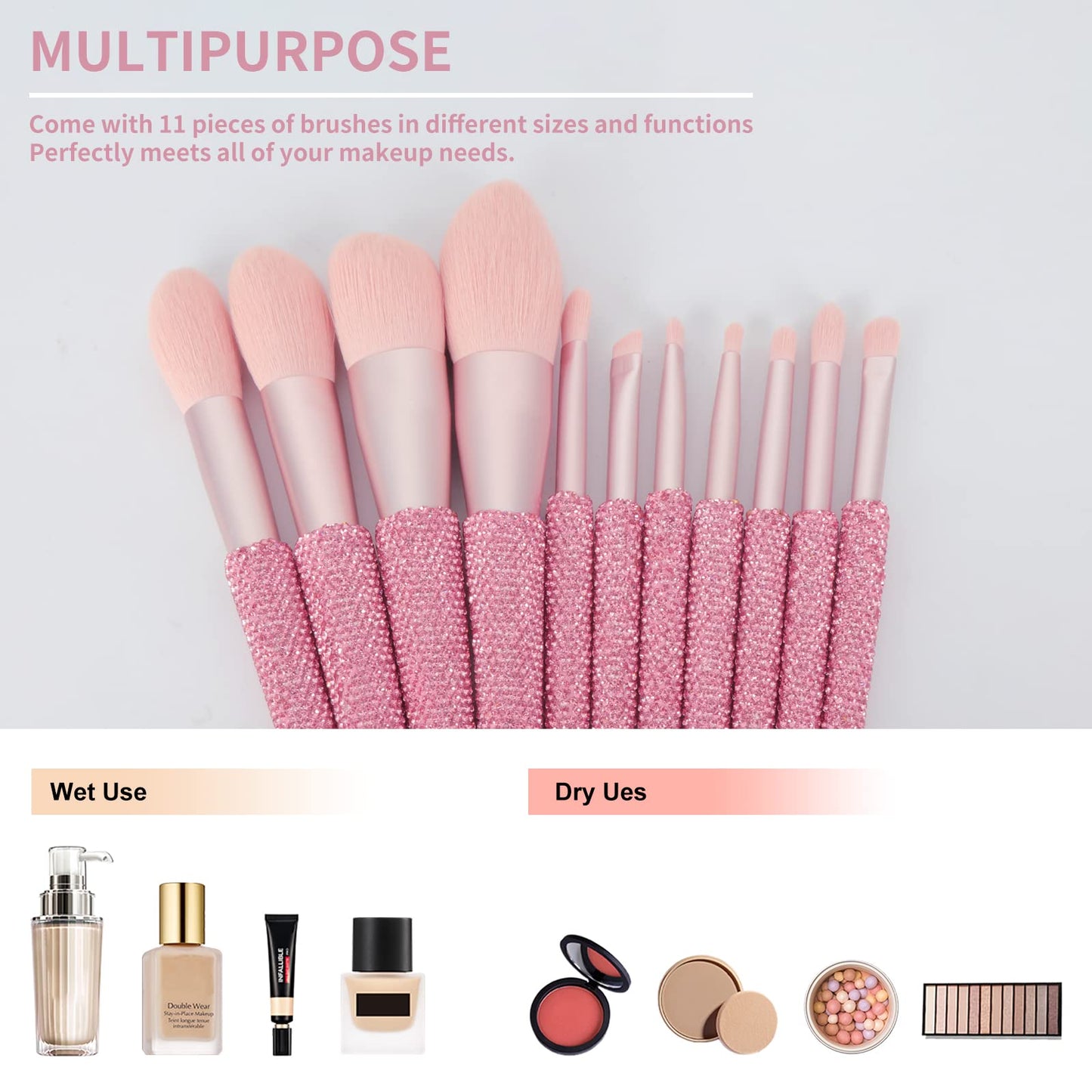 Professional Makeup Brushes Set 11PCS Bling Rhinestone Face Cosmetics Blending Liquid Foundation Powder Concealer Eye Shadows Make Up Beauty Tool Glitter (Pink)