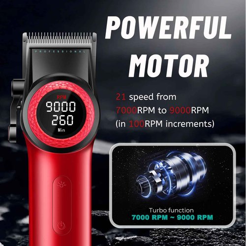 VGR 001 Professional Hair Clippers for Men, Cordless Barber Clippers for Hair Cutting, Carbon Steel Blade Hair Trimmers for Barbers, 9000RPM, LED Display, Red