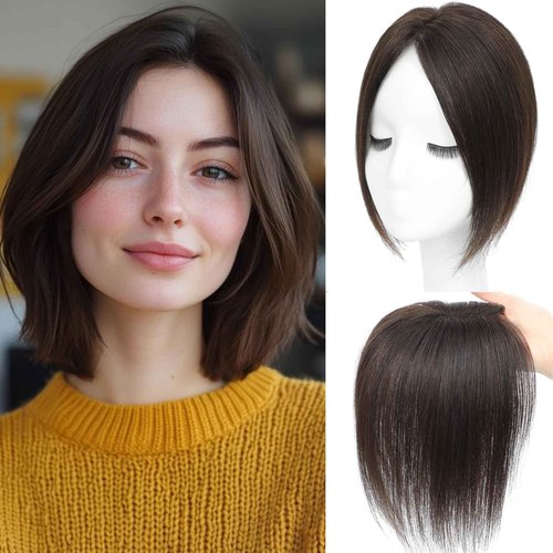 Black and Pretty Human Hair Toppers for Women Real Human Hair Pieces for Women 120% Density Swiss Base Clip In 7 * 10cm Remy Topper 10Inch HairPieces (Dark Brown)