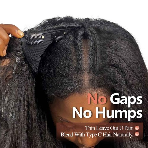 WIGER Kinky Straight U Part Wigs Human Hair Half Wig Natural Color Glueless Thin Leave Out Curly Hair 200% Density 22 Inch kinky Curly Clip in Wigs for Black Women Wear And Go Wig