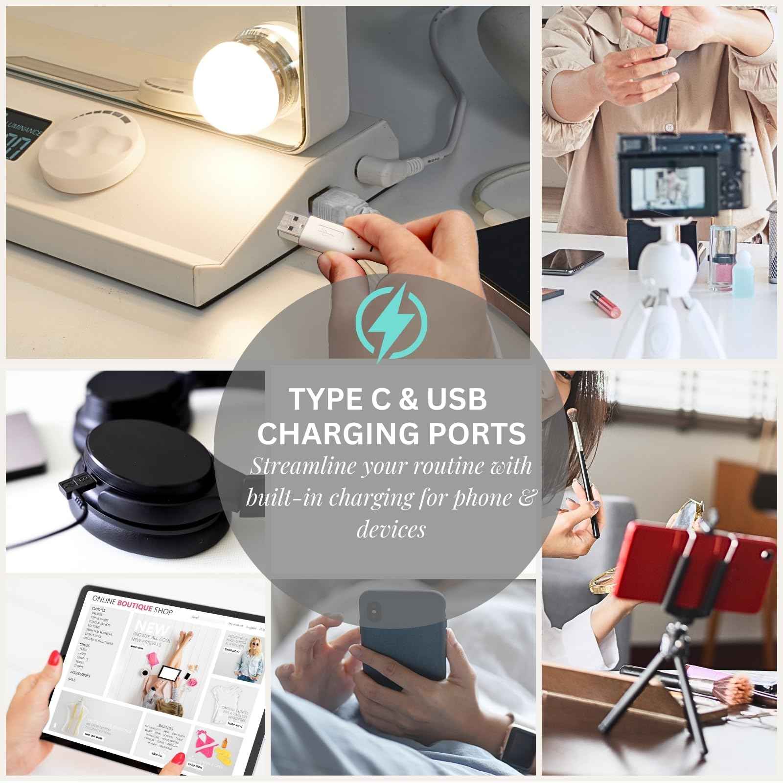 LUXFURNI Vanity Mirror with Lights, Makeup Mirrors Hollywood Mirror with 15 LED Bulbs, 3 Colors Modes & Adjustable Brightness, 10x Magnification, USB Charging