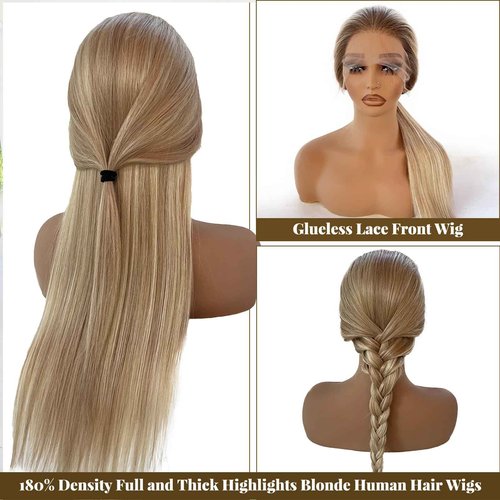 Belaved 20 Inch Highlight Blonde Lace Front Wigs Human Hair Ombre Medium Brown with Golden Blonde Real Human Hair Glueless 150% Density 13x4 Straight Lace Frontal