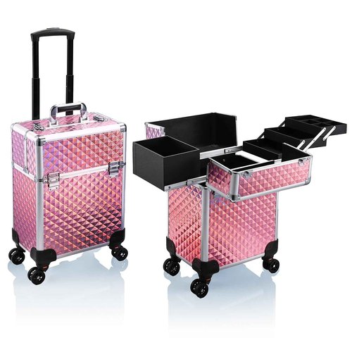 Stagiant Rolling Makeup Train Case Cosmetology Case on Wheels Travel Cosmetic Suitcase Trolley Makeup Luggage Storage Box 4 Tray with Lock Middle Layer Salon Nail Tech Cart Traveling Tattoo Case Pink