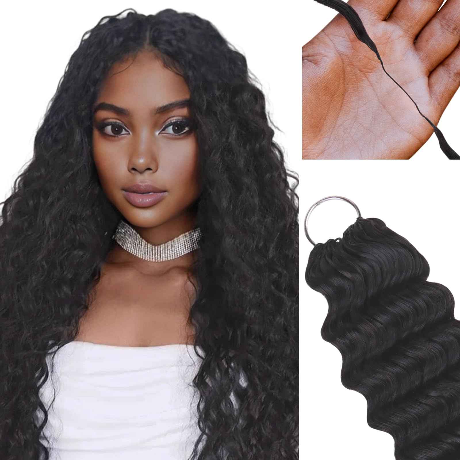 IDN Human Crochet Hair Knotless Pre Separated Bulk, 20 Inch 60g Feather Line Crochet Hair Braids, Deep Wave Natural Black Invisiable Knot Hair Extensions For Women Girl Kids