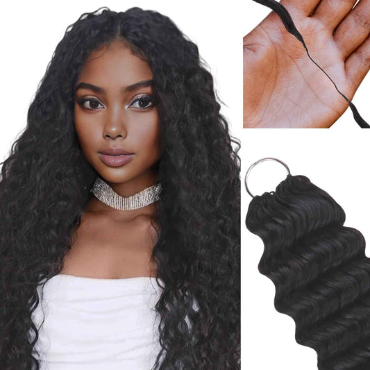 IDN Human Crochet Hair Knotless Pre Separated Bulk, 20 Inch 60g Feather Line Crochet Hair Braids, Deep Wave Natural Black Invisiable Knot Hair Extensions For Women Girl Kids
