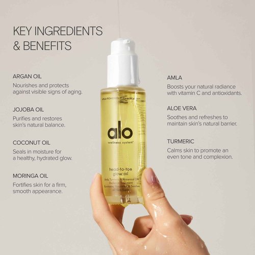 Alo Head-to-Toe Glow Oil + Travel | Glow-Boosting Natural Dry Body Oil | Jojoba, Amla, Aloe & Vitamin E | Hydrates & Nourishes Skin | Citrus Scent | 3.2 + 0.7 Oz